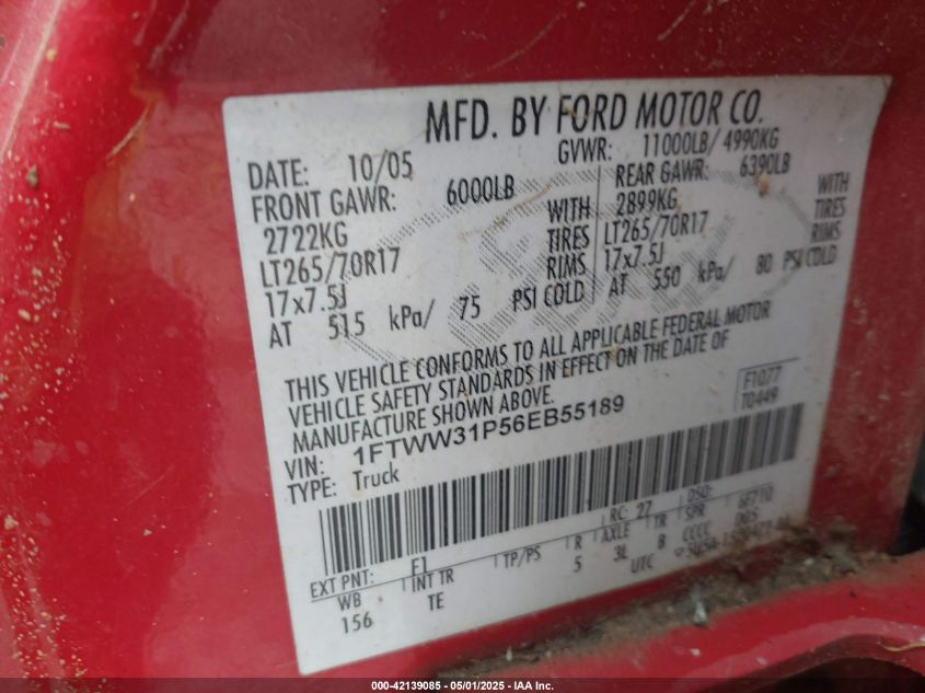 2006 Ford F-350 Lariat/Xl/Xlt VIN: 1FTWW31P56EB55189 Lot: 42139085