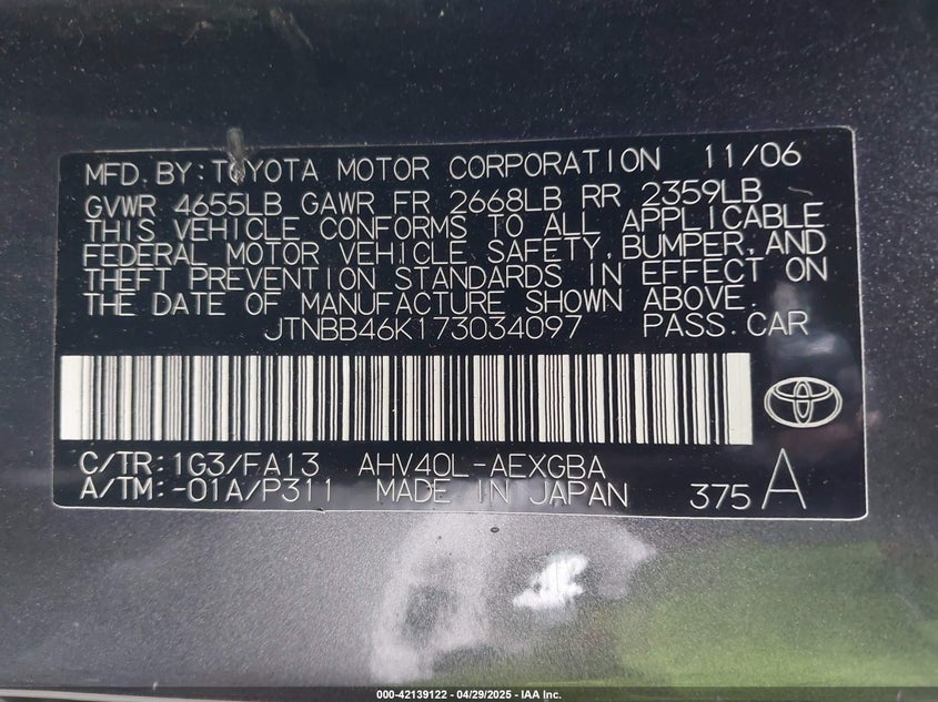 2007 TOYOTA CAMRY VIN: JTNBB46K173034097