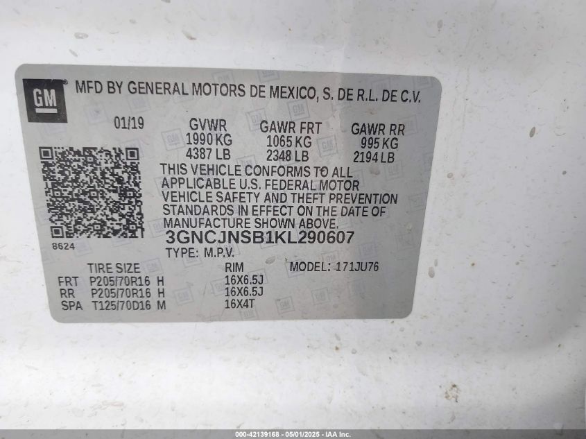 2019 Chevrolet Trax Ls VIN: 3GNCJNSB1KL290607 Lot: 42139168