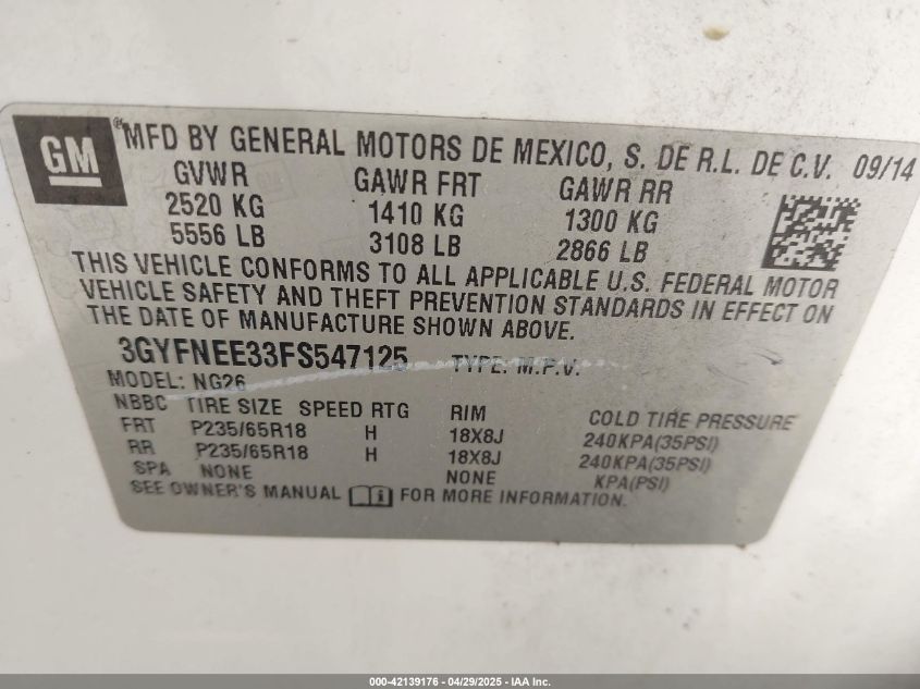 2015 Cadillac Srx Luxury Collection VIN: 3GYFNEE33FS547125 Lot: 42139176