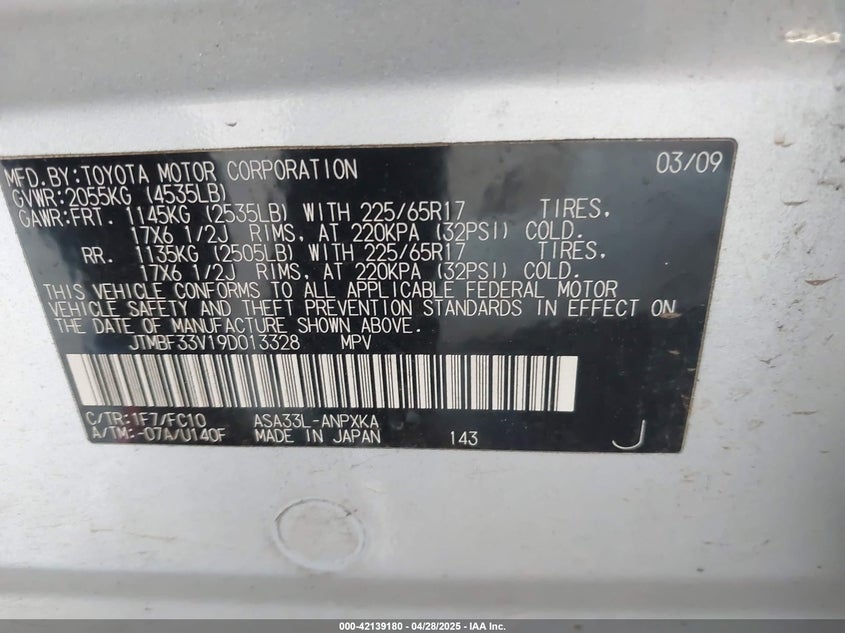 2009 TOYOTA RAV4 VIN: JTMBF33V19D013328