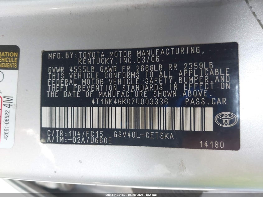 2007 TOYOTA CAMRY VIN: 4T1BK46K07U003336