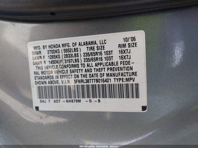 2007 HONDA ODYSSEY VIN: 5FNRL38777B016421