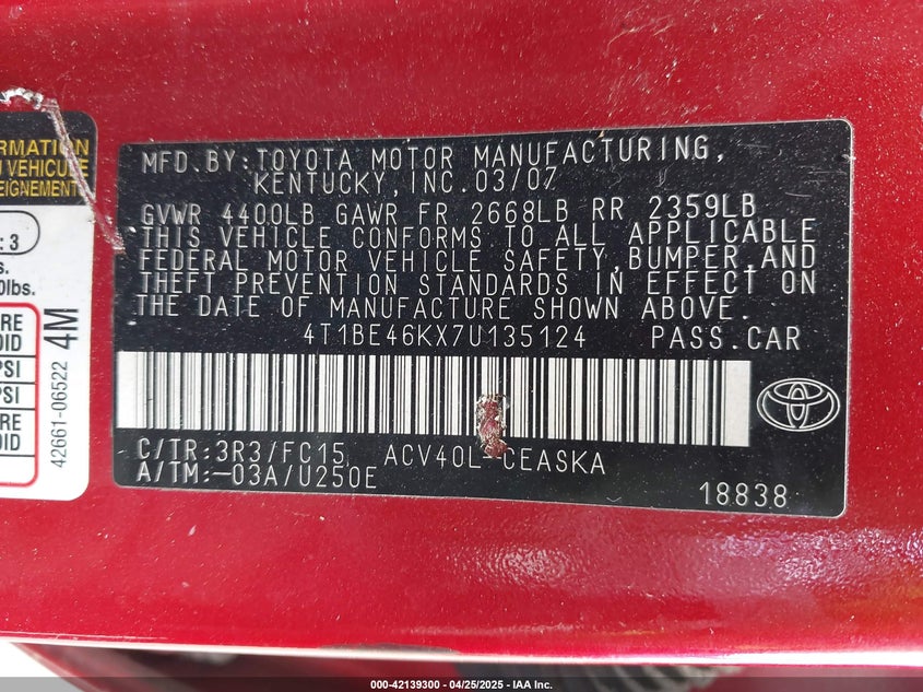 2007 TOYOTA CAMRY VIN: 4T1BE46KX7U135124