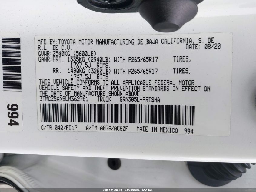 2020 Toyota Tacoma Trd Sport VIN: 3TMCZ5AN9LM362761 Lot: 42139370