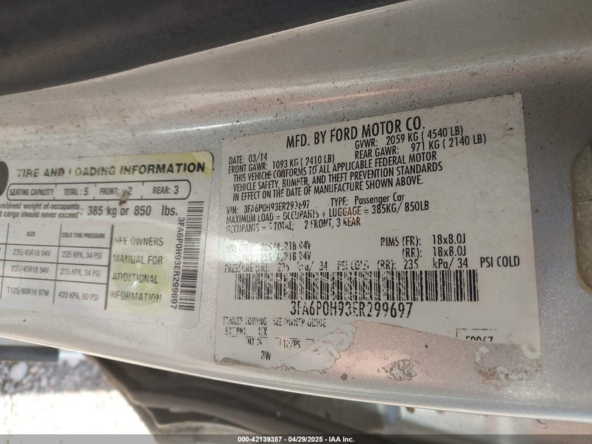 2014 FORD FUSION VIN: 3FA6P0H93ER299697