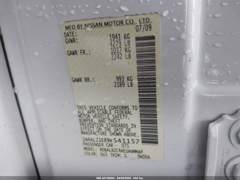 2009 NISSAN ALTIMA VIN: 1N4AL21E89N541157