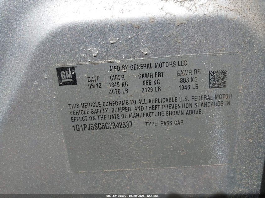 2012 CHEVROLET CRUZE VIN: 1G1PJ5SC5C7342337