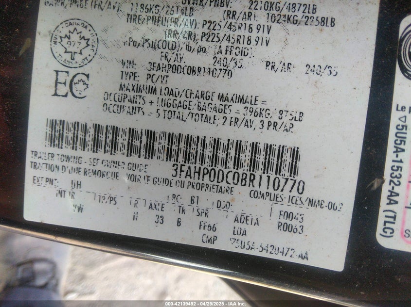 3FAHP0DC0BR110770 2011 FORD FUSION photo no. 9