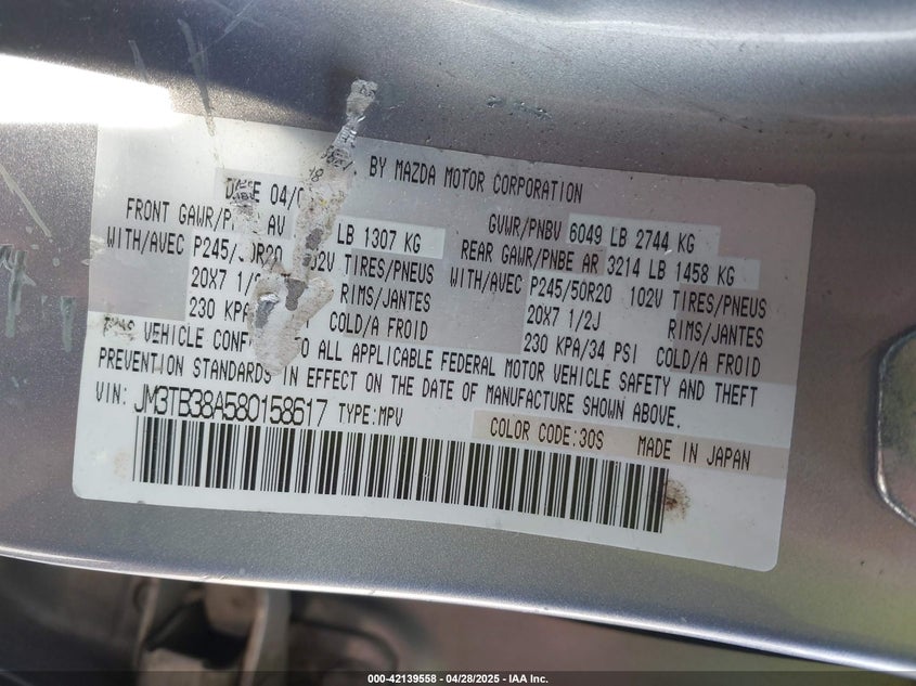 2008 MAZDA CX-9 VIN: JM3TB38A580158617