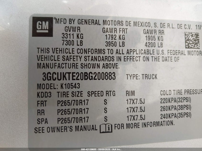 2011 CHEVROLET SILVERADO 1500 VIN: 3GCUKTE20BG200883