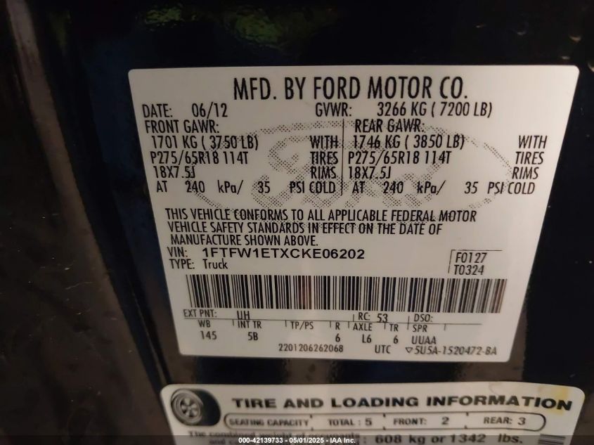 2012 Ford F-150 Fx4 VIN: 1FTFW1ETXCKE06202 Lot: 42139733