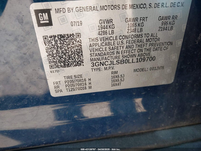 2020 CHEVROLET TRAX FWD LT - 3GNCJLSB0LL109700