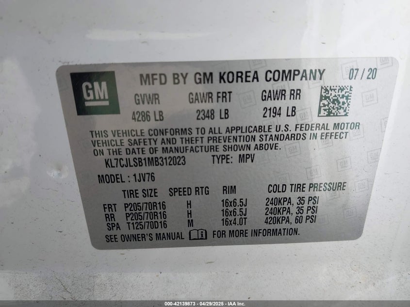 2021 CHEVROLET TRAX VIN: KL7CJLSB1MB312023
