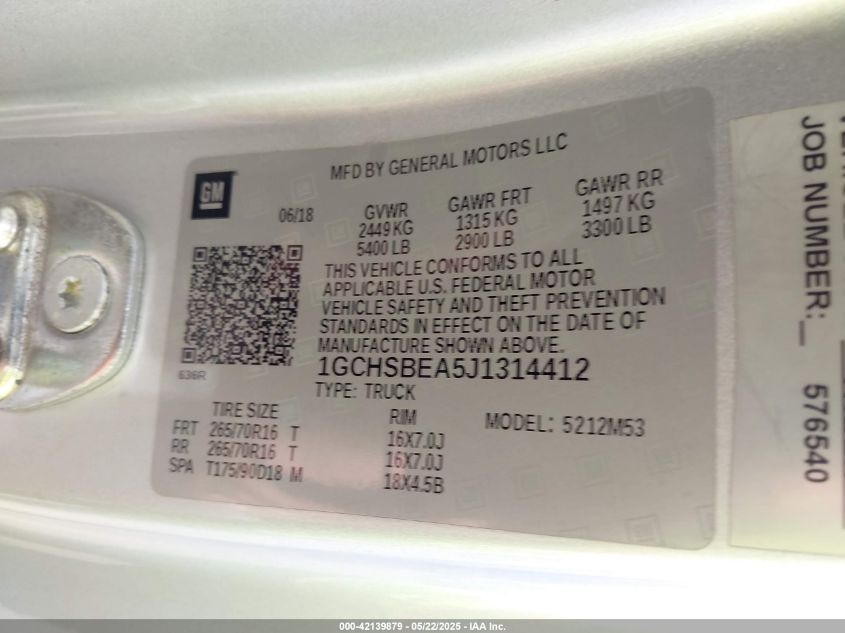 2018 Chevrolet Colorado Wt VIN: 1GCHSBEA5J1314412 Lot: 42139879