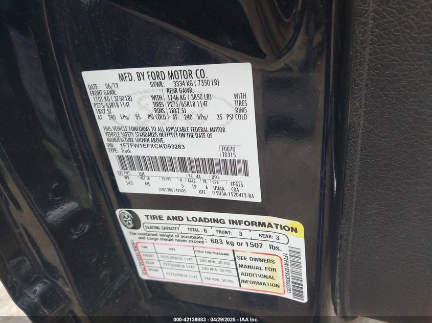 2012 FORD F-150 VIN: 1FTFW1EFXCKD93283