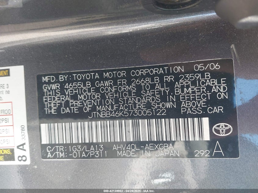 2007 TOYOTA CAMRY HYBRID VIN: JTNBB46K573005122