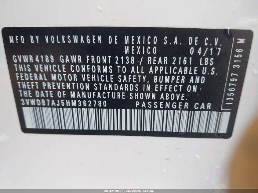 2017 VOLKSWAGEN JETTA 1.4T SE - 3VWDB7AJ5HM362780