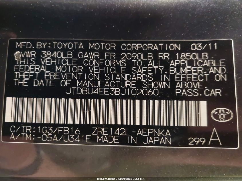 2011 Toyota Corolla Le VIN: JTDBU4EE3BJ102060 Lot: 42140081