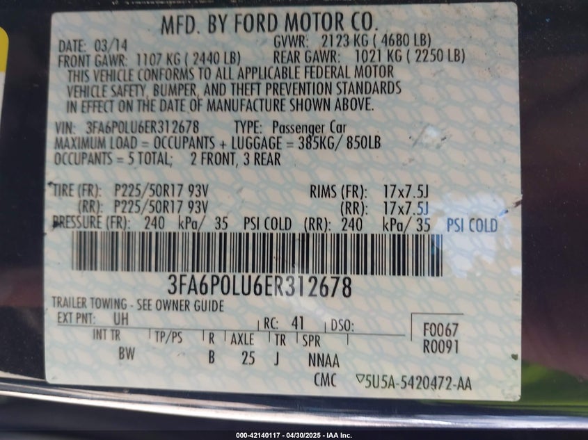 2014 FORD FUSION HYBRID VIN: 3FA6P0LU6ER312678