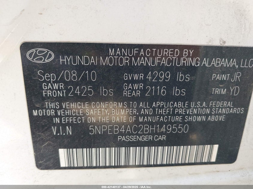2011 Hyundai Sonata Gls VIN: 5NPEB4AC2BH149550 Lot: 42140137