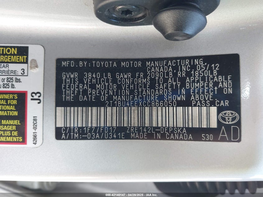 2012 TOYOTA COROLLA VIN: 2T1BU4EEXCC866050