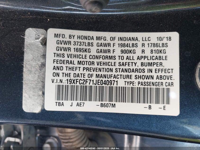 2018 HONDA CIVIC VIN: 19XFC2F71JE040971