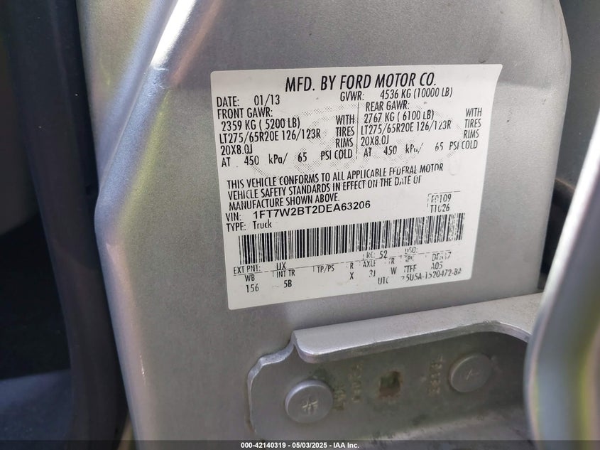 2013 FORD F-250 VIN: 1FT7W2BT2DEA63206