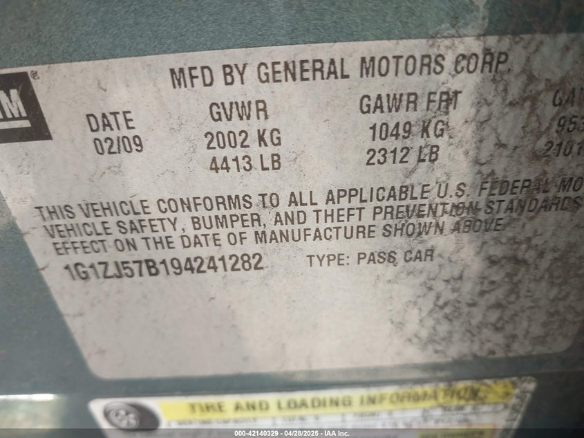 2009 CHEVROLET MALIBU VIN: 1G1ZJ57B194241282