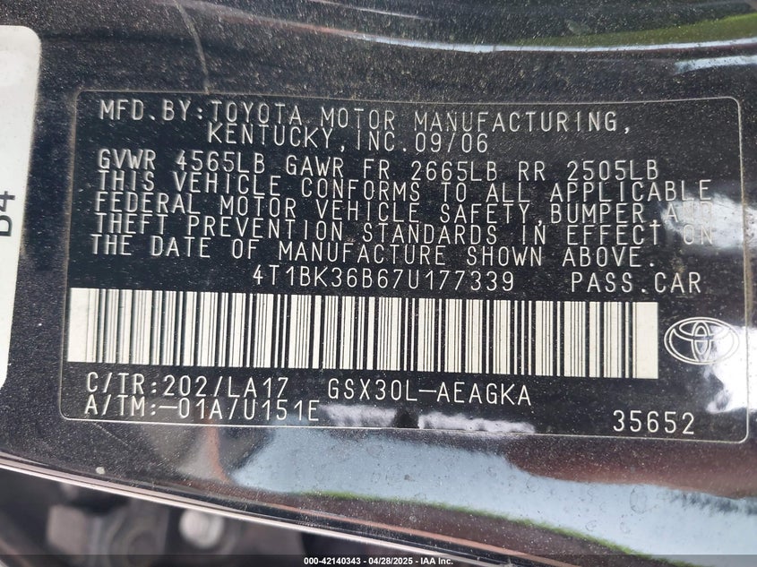 2007 TOYOTA AVALON VIN: 4T1BK36B67U177339