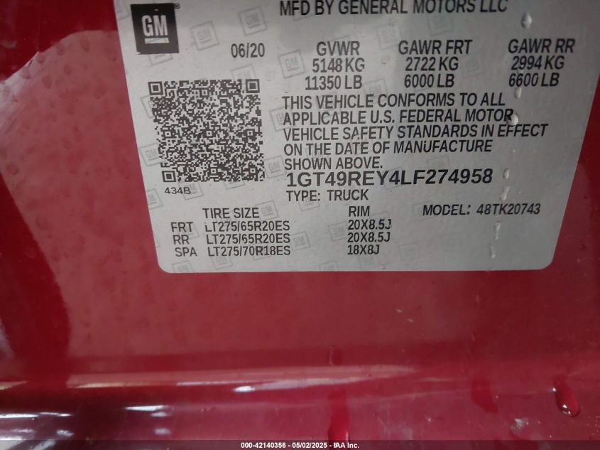 2020 GMC Sierra - 1GT49REY4LF274958