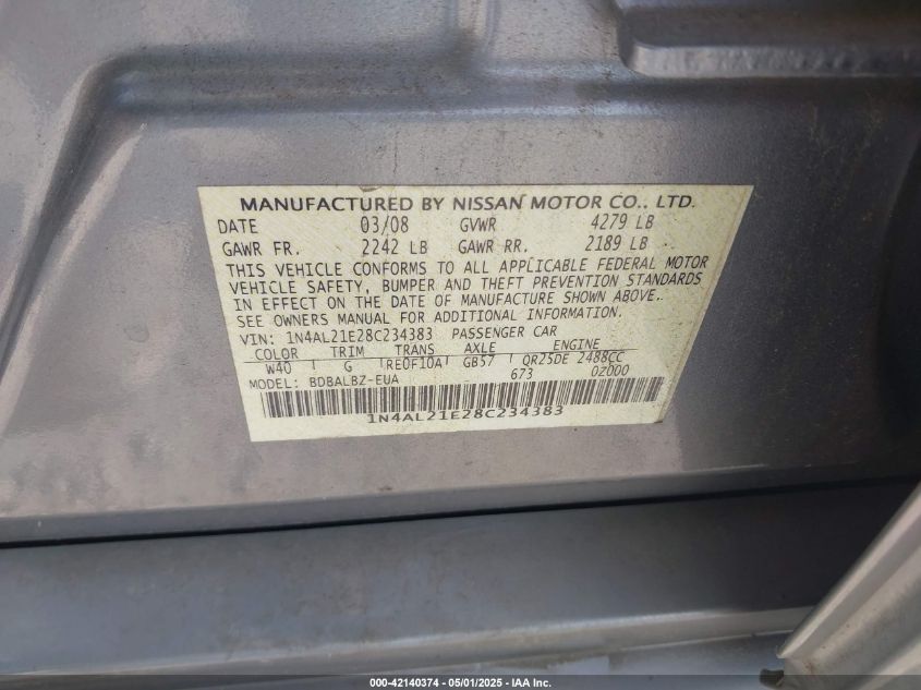 2008 Nissan Altima 2.5 S VIN: 1N4AL21E28C234383 Lot: 42140374
