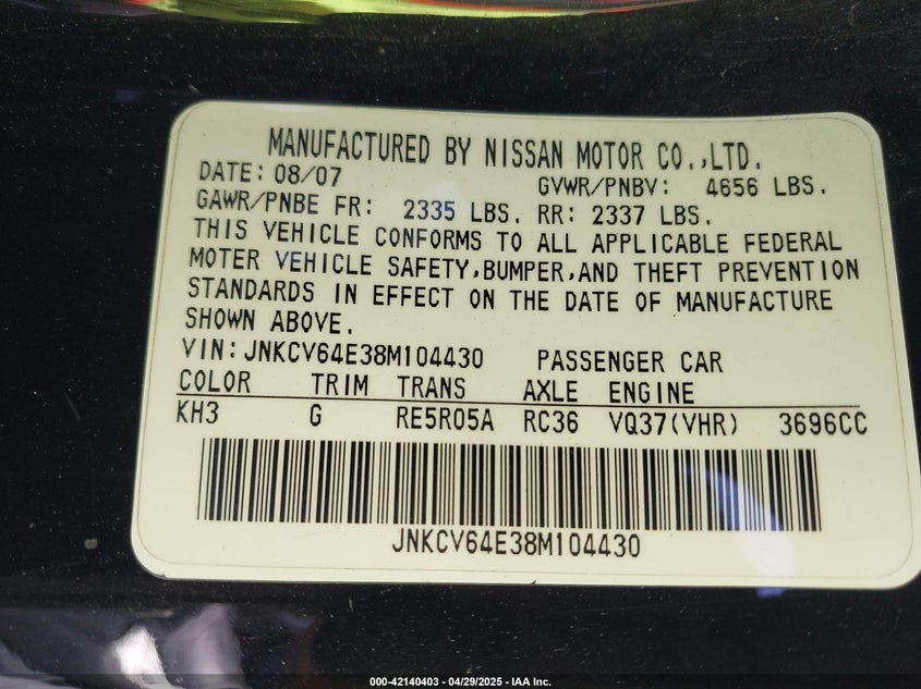 2008 INFINITI G37 VIN: JNKCV64E38M104430
