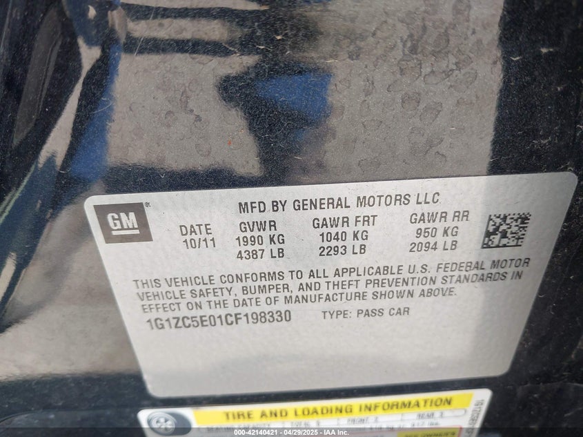 2012 CHEVROLET MALIBU VIN: 1G1ZC5E01CF198330