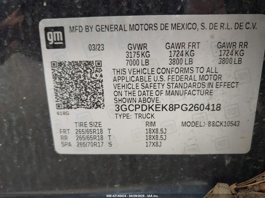 VIN 3GCPDKEK8PG260418 2023 CHEVROLET SILVERADO 1500 4WD  SHORT BED LT WITH 2FL