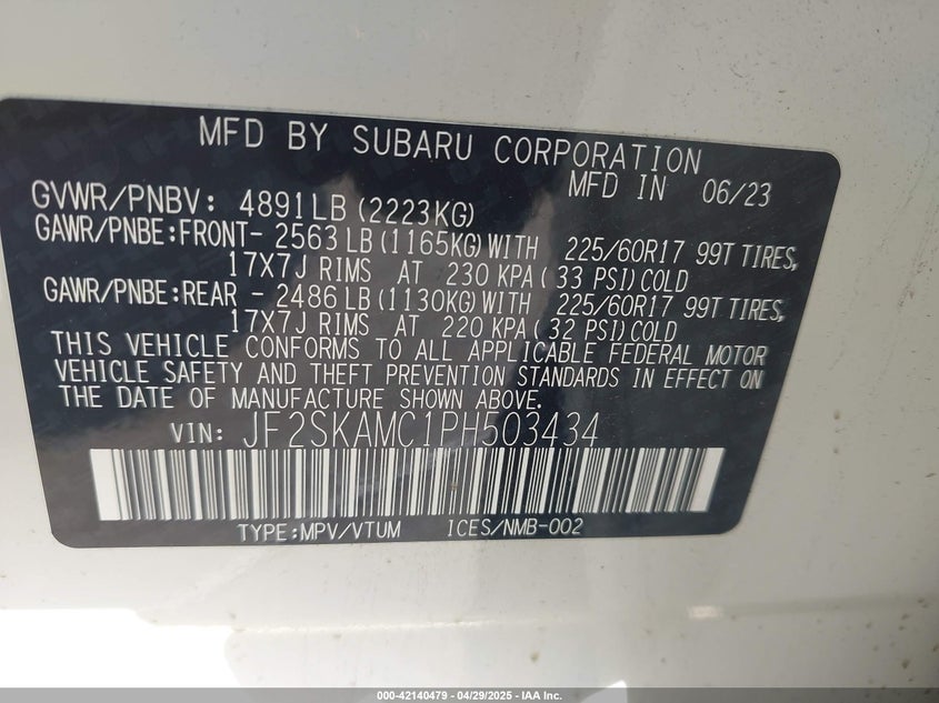2023 SUBARU FORESTER 2.5L H-4 DI, DOHC, V(VIN: JF2SKAMC1PH503434
