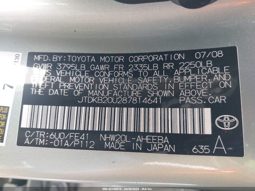 2008 TOYOTA PRIUS VIN: JTDKB20U287814641
