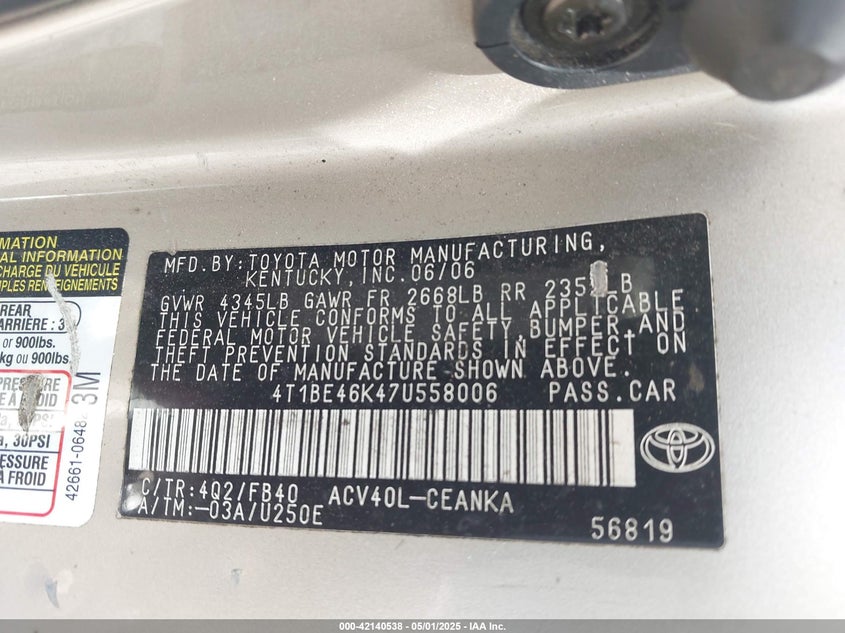 2007 TOYOTA CAMRY VIN: 4T1BE46K47U558006