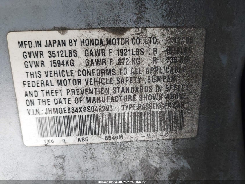 2009 HONDA FIT VIN: JHMGE884X9S042293