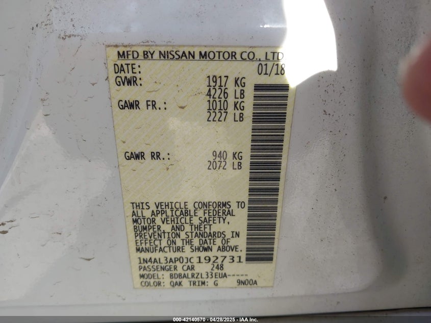 2018 NISSAN ALTIMA VIN: 1N4AL3AP0JC192731