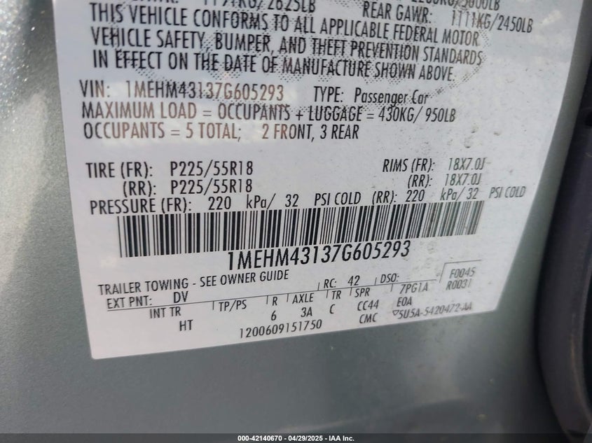 2007 MERCURY MONTEGO VIN: 1MEHM43137G605293
