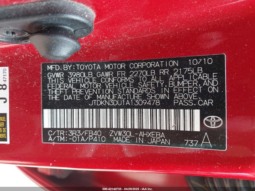 2010 Toyota Prius Iii VIN: JTDKN3DU1A1309478 Lot: 42140755
