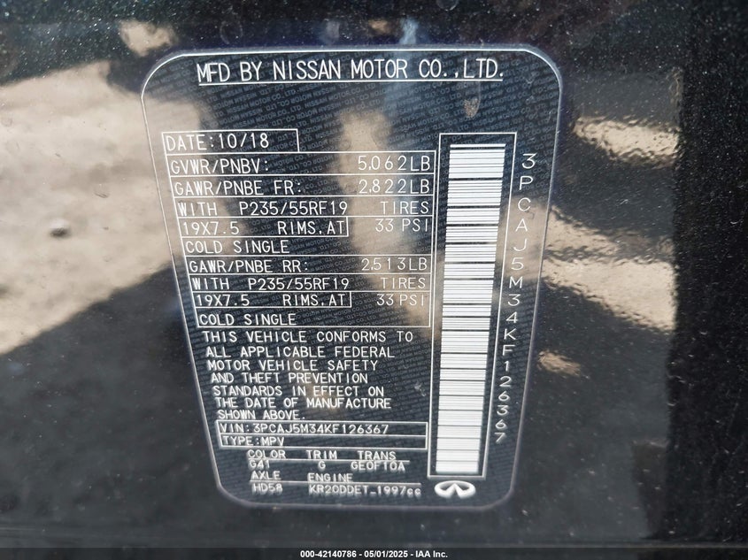 2019 INFINITI QX50 VIN: 3PCAJ5M34KF126367
