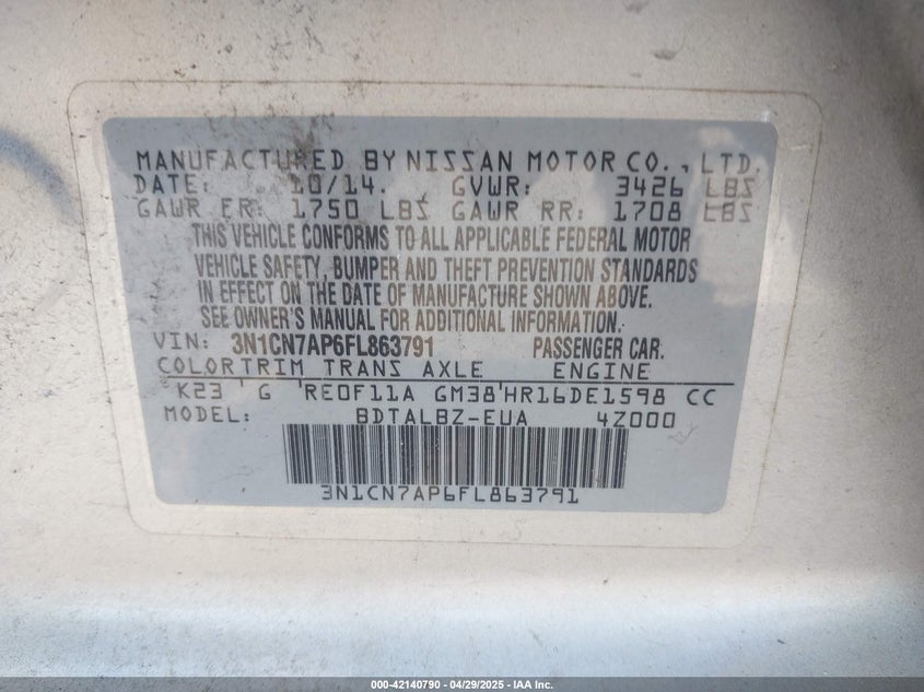 2015 NISSAN VERSA VIN: 3N1CN7AP6FL863791