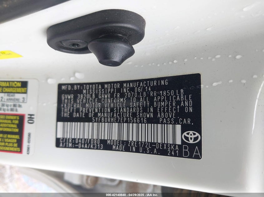 2014 TOYOTA COROLLA VIN: 5YFBURHE7EP156616
