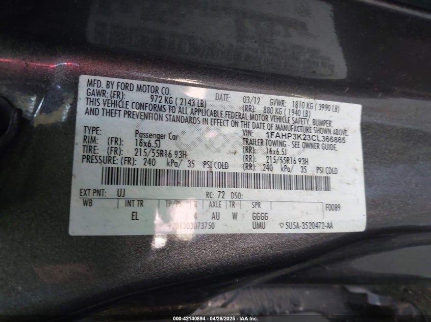 2012 FORD FOCUS VIN: 1FAHP3K23CL366865