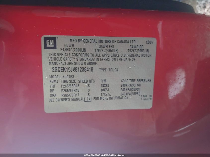 2008 Chevrolet Silverado 1500 VIN: 2GCEK19J481238418 Lot: 43180529