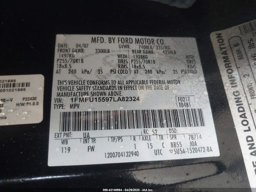 2007 Ford Expedition Xlt VIN: 1FMFU15597LA82324 Lot: 42140964