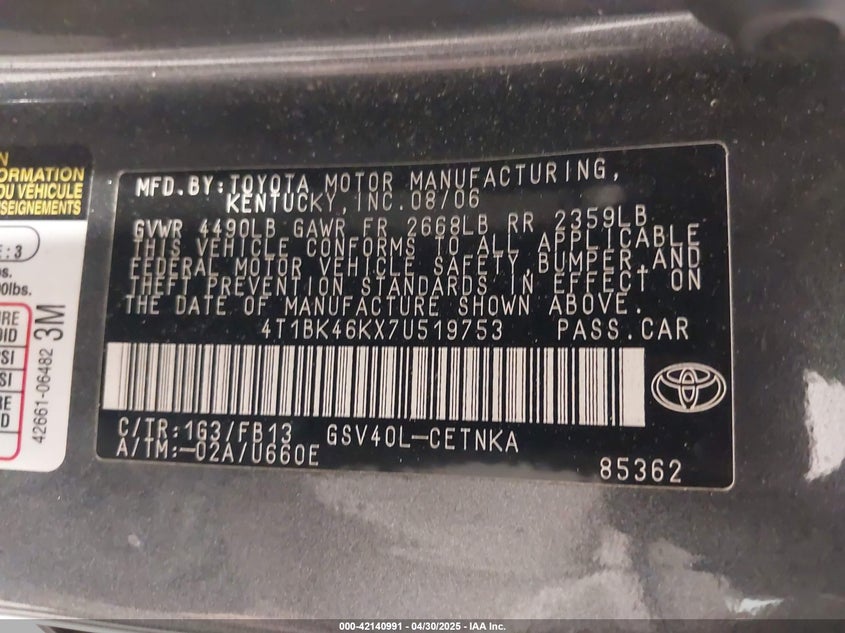 2007 TOYOTA CAMRY VIN: 4T1BK46KX7U519753