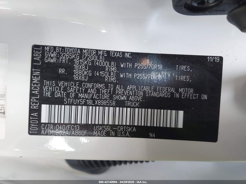 2020 TOYOTA TUNDRA DOUBLE CAB SR/DOUBLE CAB SR5/DOUBLE CAB TRD PRO - 5TFUY5F18LX898558